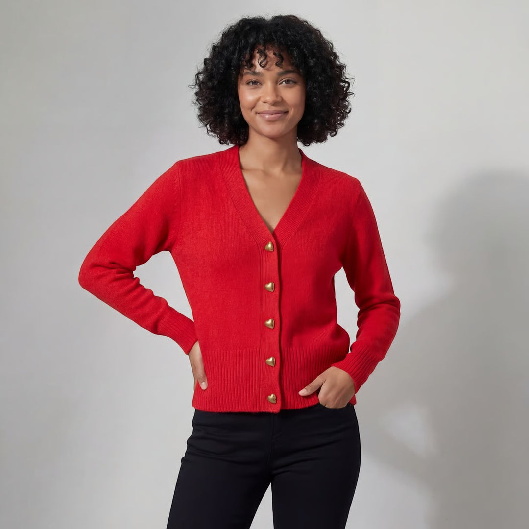 Women's V-neck knit cardigan – Relaxed fit with heart-shaped buckle