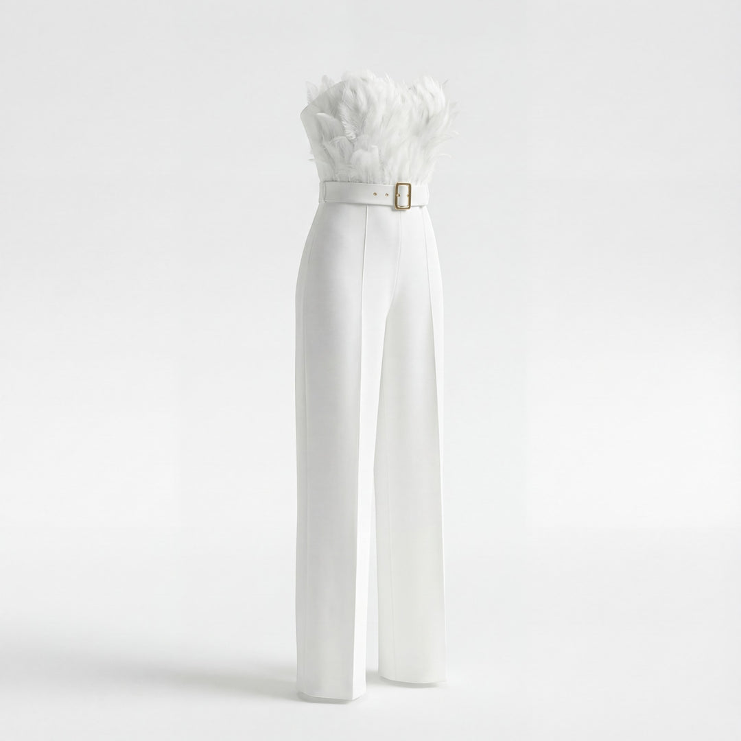 Women's strapless fabric jumpsuit – Fitted cut with feathers