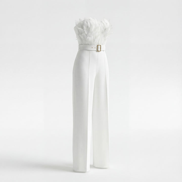 Women's strapless fabric jumpsuit – Fitted cut with feathers