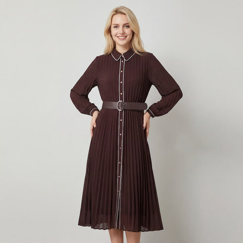 Riche | Robe Midi Plissée Tissée à Manches Longues pour Femme