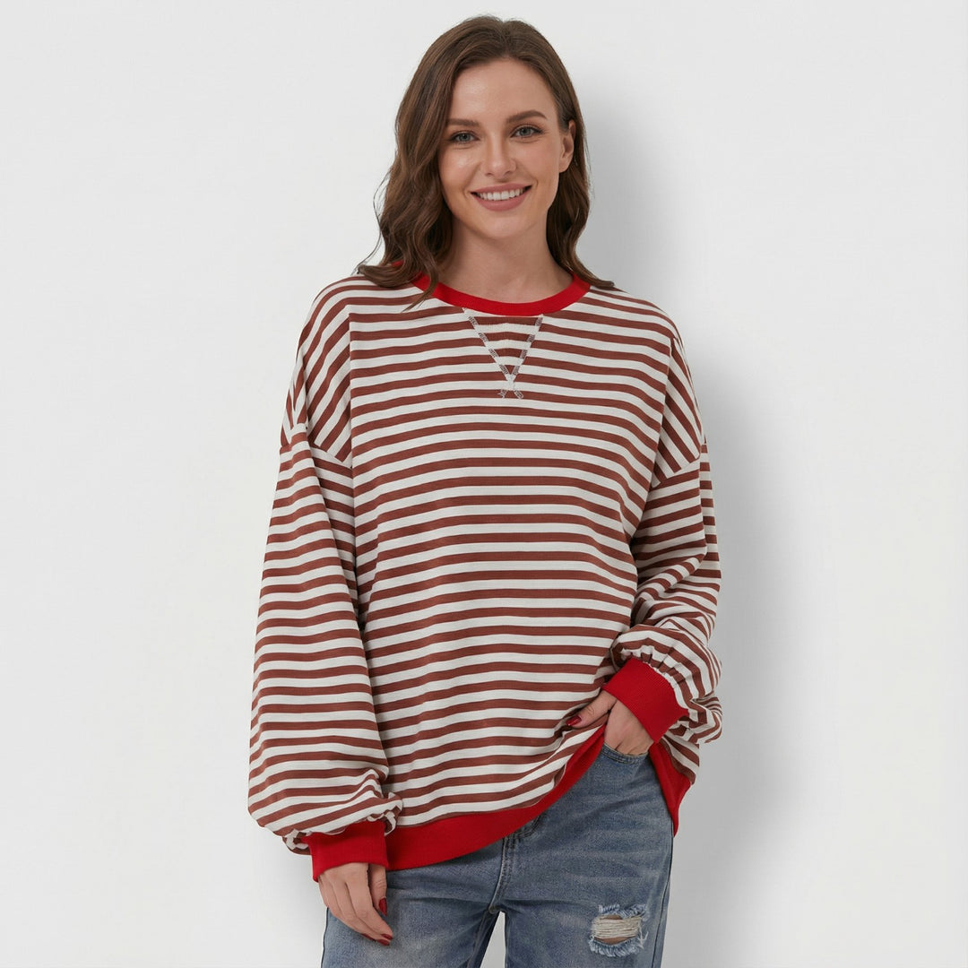 Women's long-sleeve striped cotton-blend top – Round neck