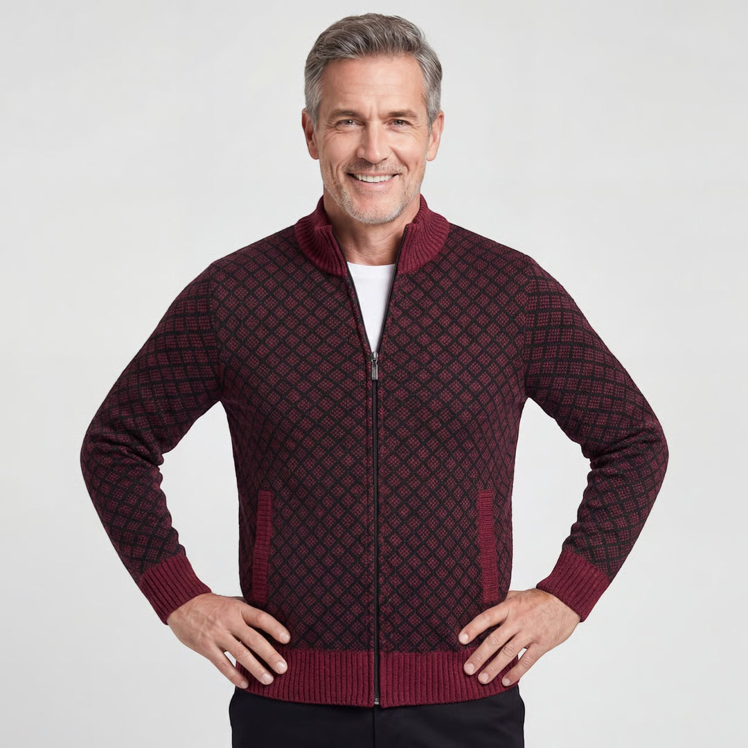 Herren-Strickjacke mit Reißverschluss aus Baumwolle – Karomuster, taillierte Passform