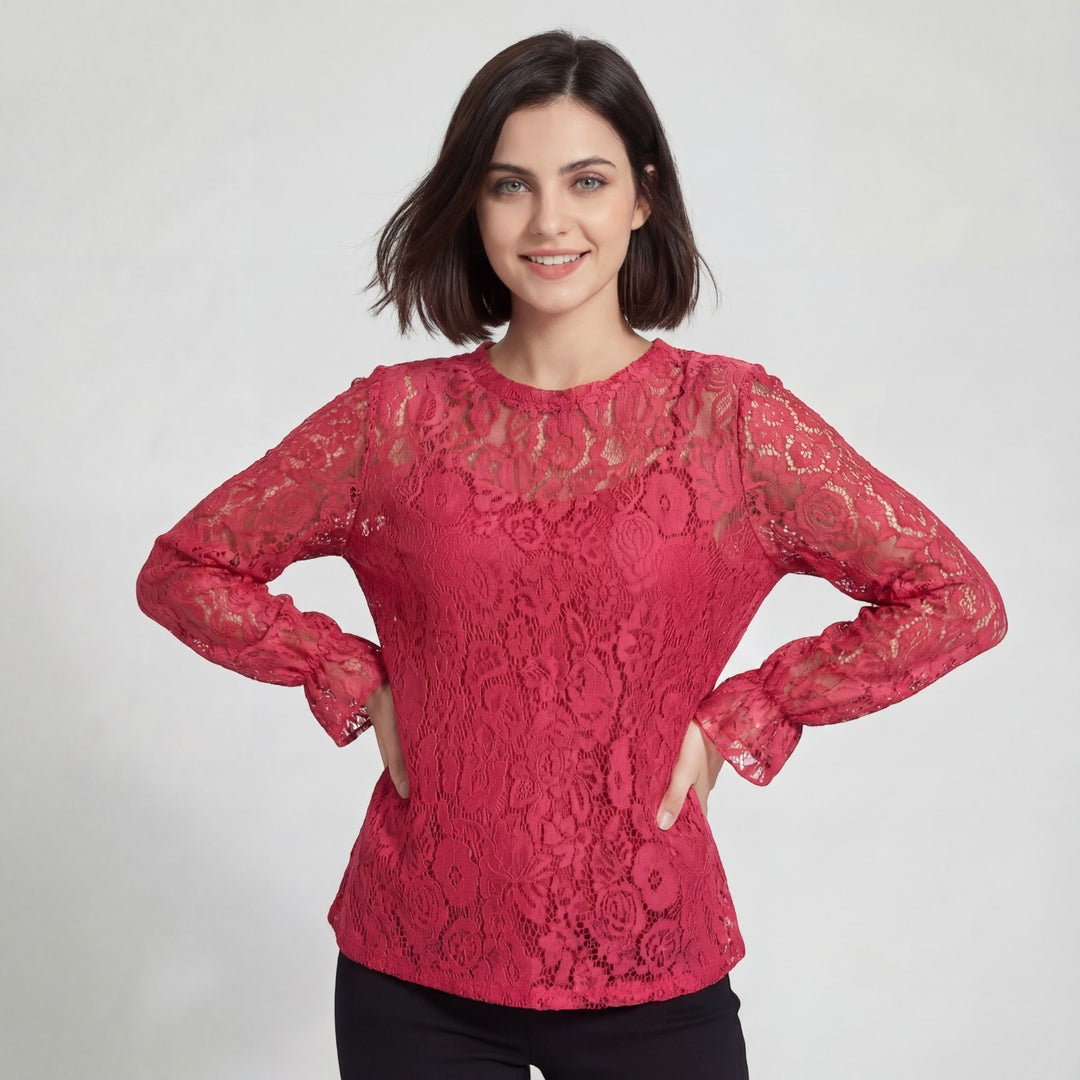Women's long-sleeve lace blouse – Relaxed fit with openwork detailing