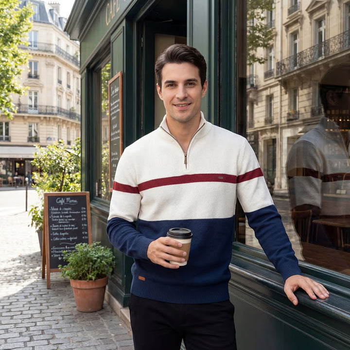 Pull homme en maille coton demi-zip – Coupe ajustée structurée