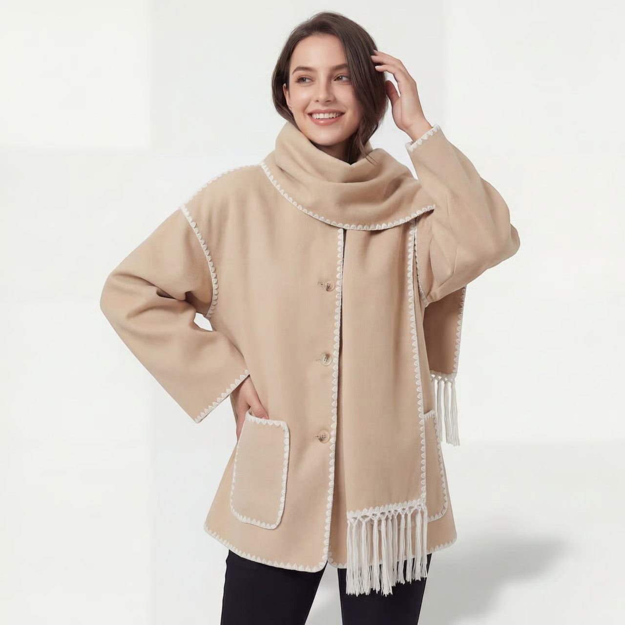 Riche | Manteau tissé coupe ample avec écharpe pour femme