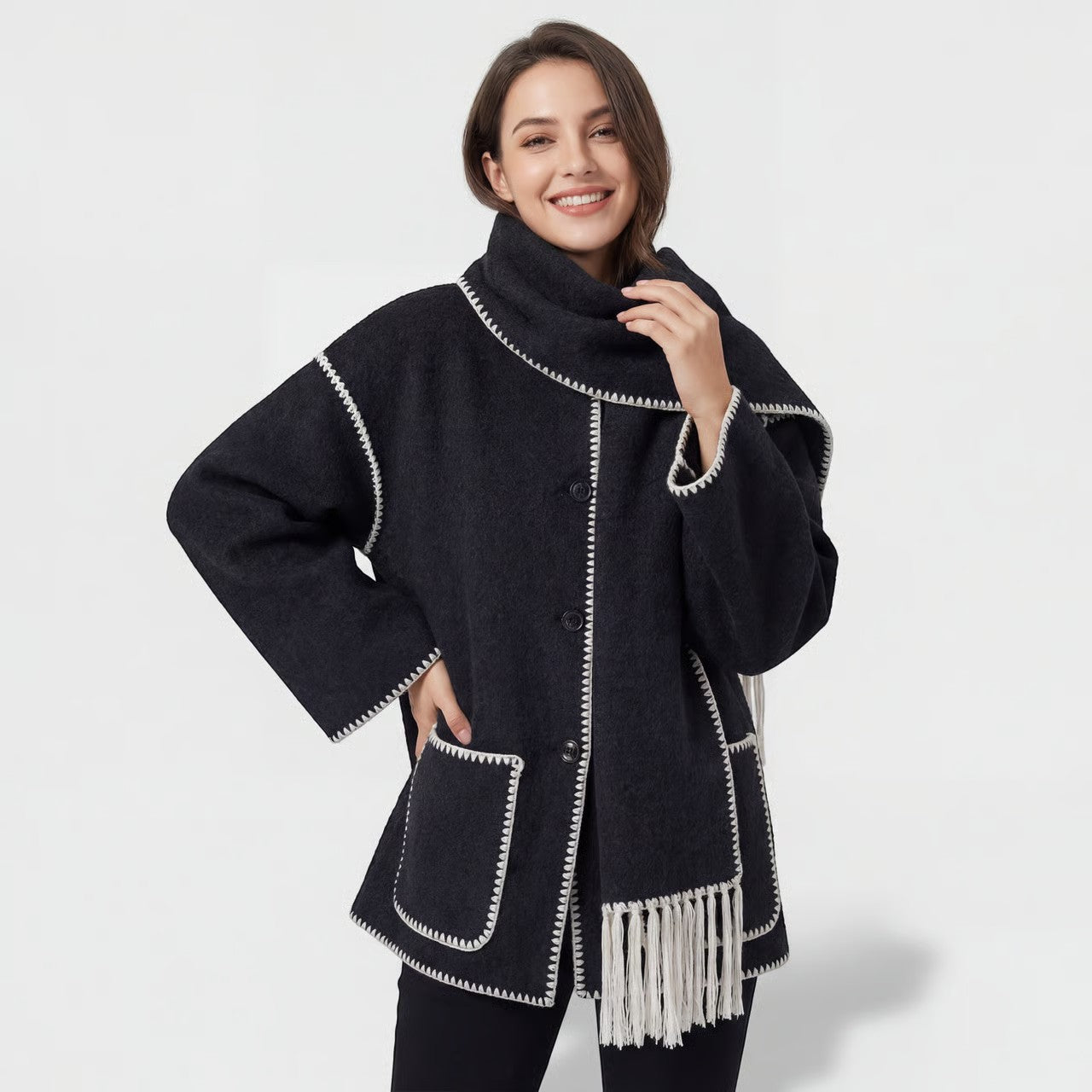 Riche | Manteau tissé coupe ample avec écharpe pour femme