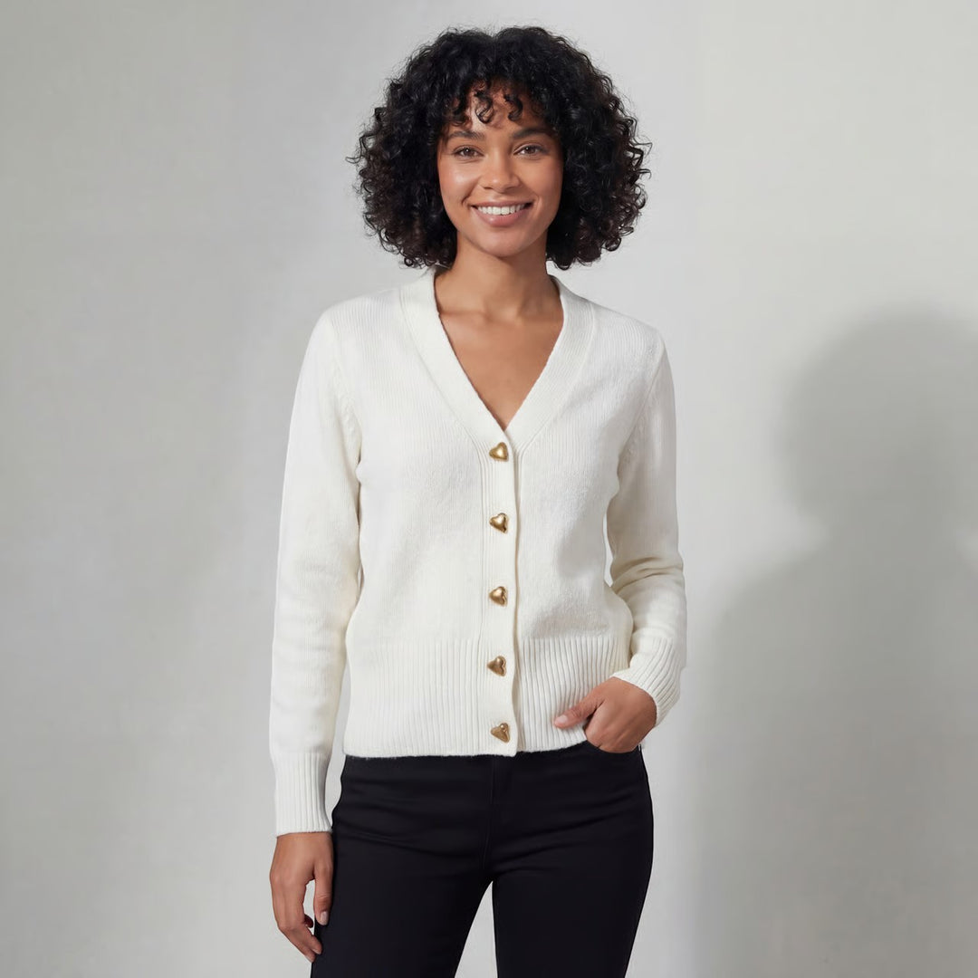 Women's V-neck knit cardigan – Relaxed fit with heart-shaped buckle