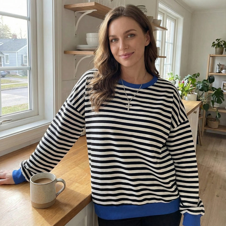 Women's long-sleeve striped cotton-blend top – Round neck