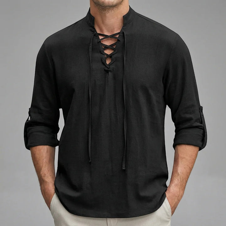Chemise homme en lin col montant à lacets – Coupe ample décontractée