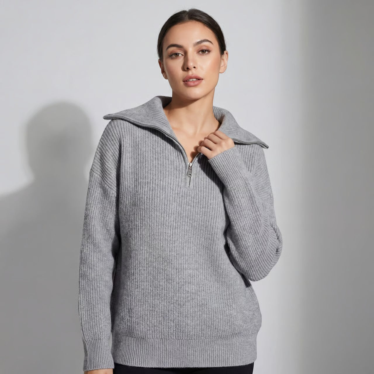 Riche | Pull Femme Côtelé en Maille à Demi-Zip