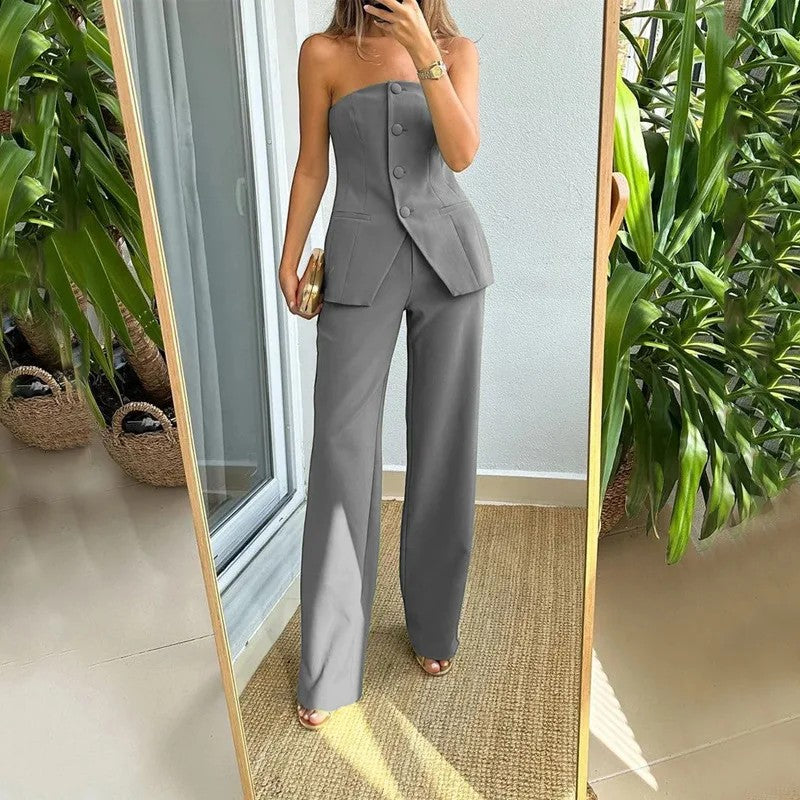 Riche | Women's Two-Piece Strapless Suit Set in Woven Fabric