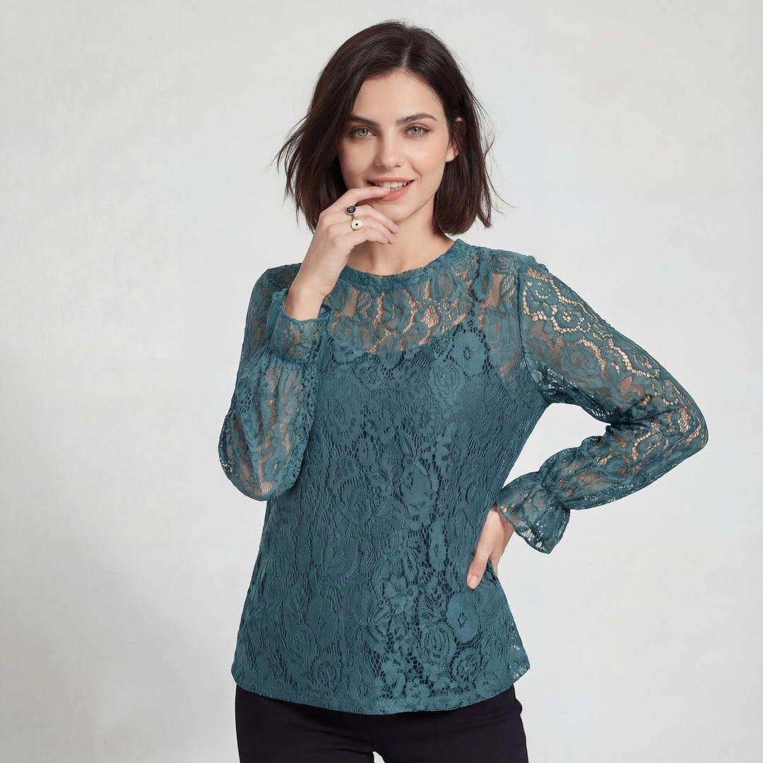 Women's long-sleeve lace blouse – Relaxed fit with openwork detailing
