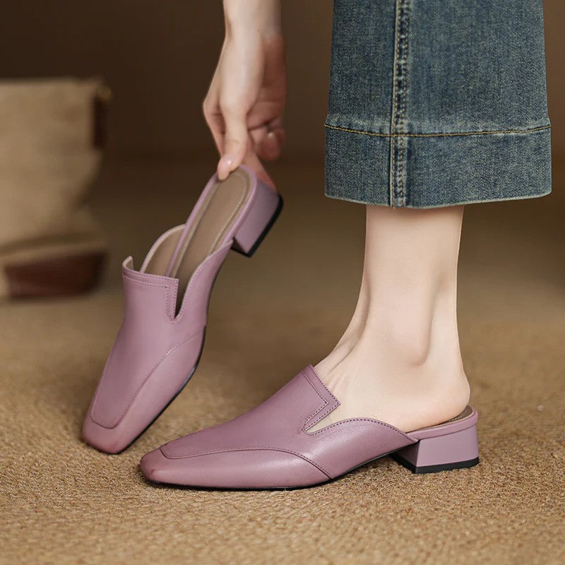 Women's Leather Heeled Mules – Chic Square Toe