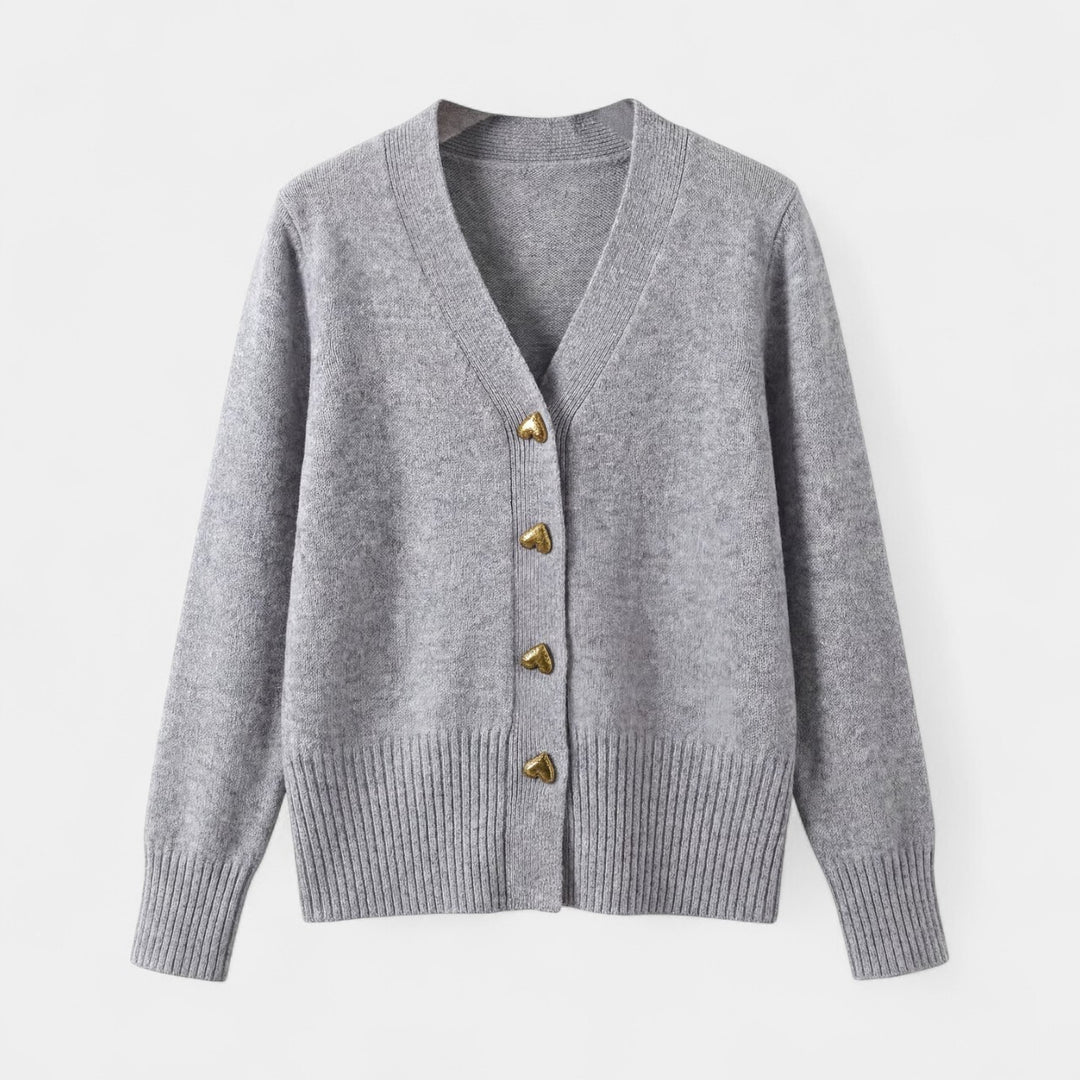 Women's V-neck knit cardigan – Relaxed fit with heart-shaped buckle