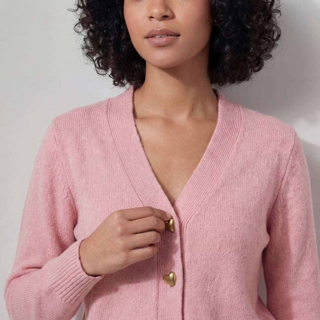 Women's V-neck knit cardigan – Relaxed fit with heart-shaped buckle
