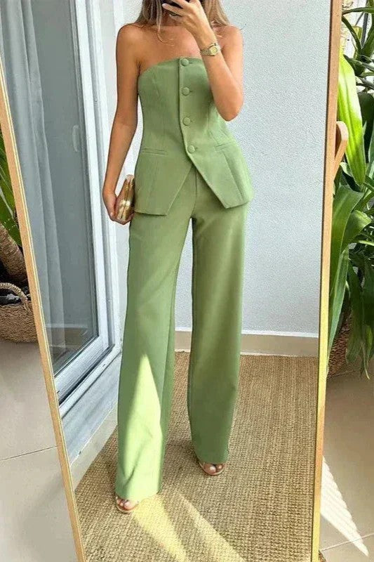 Riche | Women's Two-Piece Strapless Suit Set in Woven Fabric