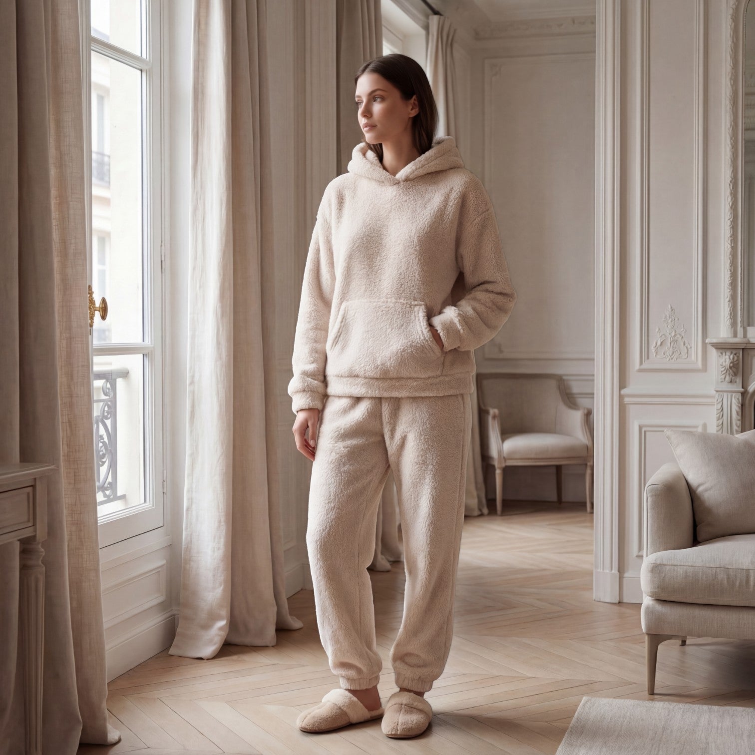 Riche | Ensemble Lounge Femme en Tissu Pelucheux avec Capuche et Pantalon à Taille Élastique