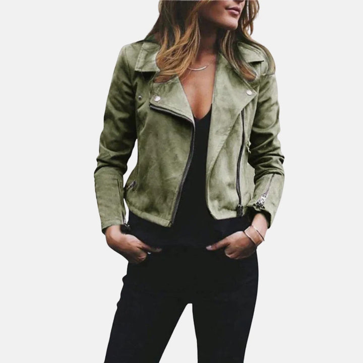 Women's Zipper-Front Motorcycle-Style Jacket – Diagonal Zipper with Flap | Cotton Blend