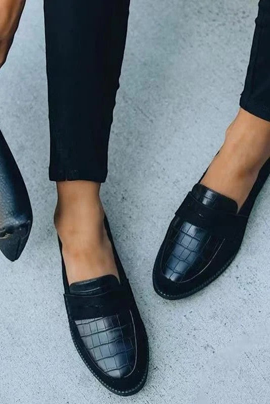Women's Black Leather Slip-On Loafers – Comfortable Round-Toe