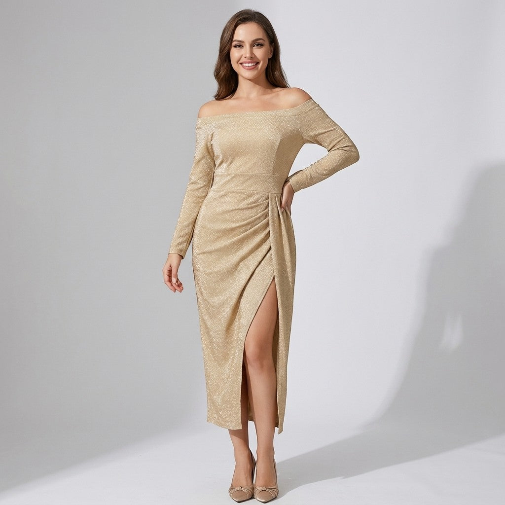 Women's Off-the-Shoulder Dress in Shimmering Knit – Bodycon Fit