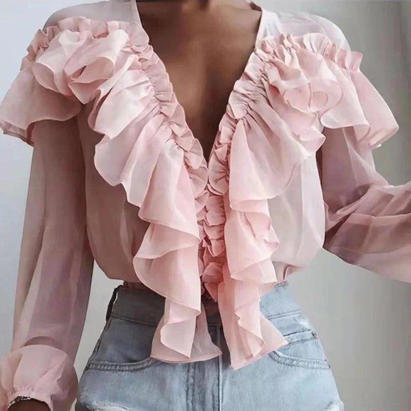 Chemisier Femme Col V à Volants – Manches Longues Coupe Ample | Mousseline Légère