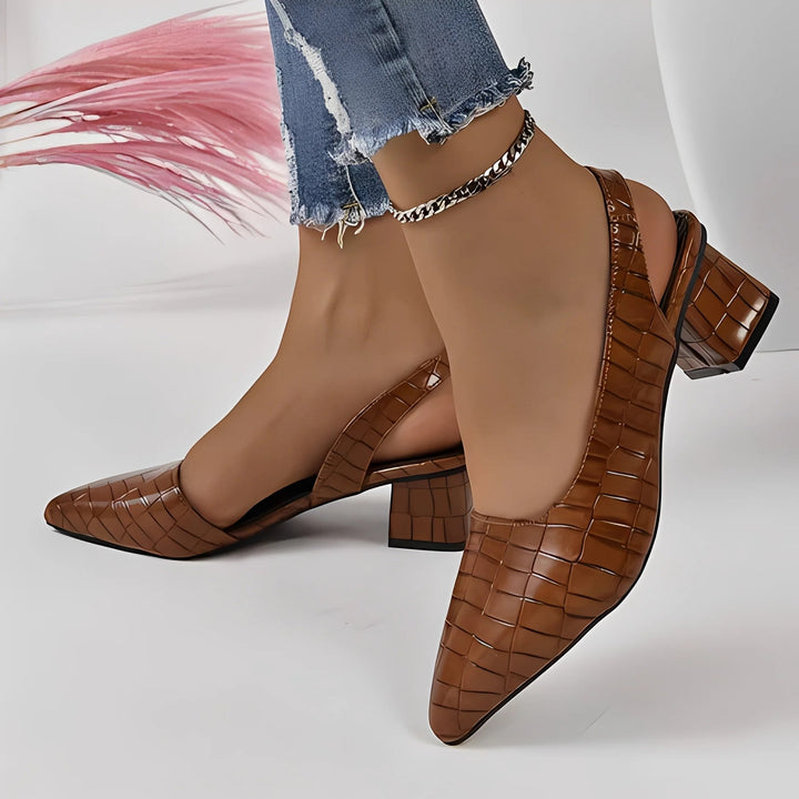 Women's embossed leather heeled sandals – Back strap with pointed toe