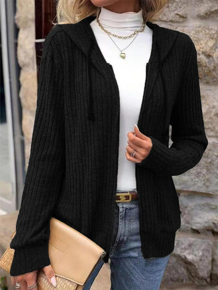 Cardigan Femme Maille Côtelée – Zip à Capuche Coupe Ample Décontractée