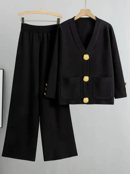 Women's Acrylic Knit Cardigan and Pants Set – Relaxed Fit, Button-Down Style