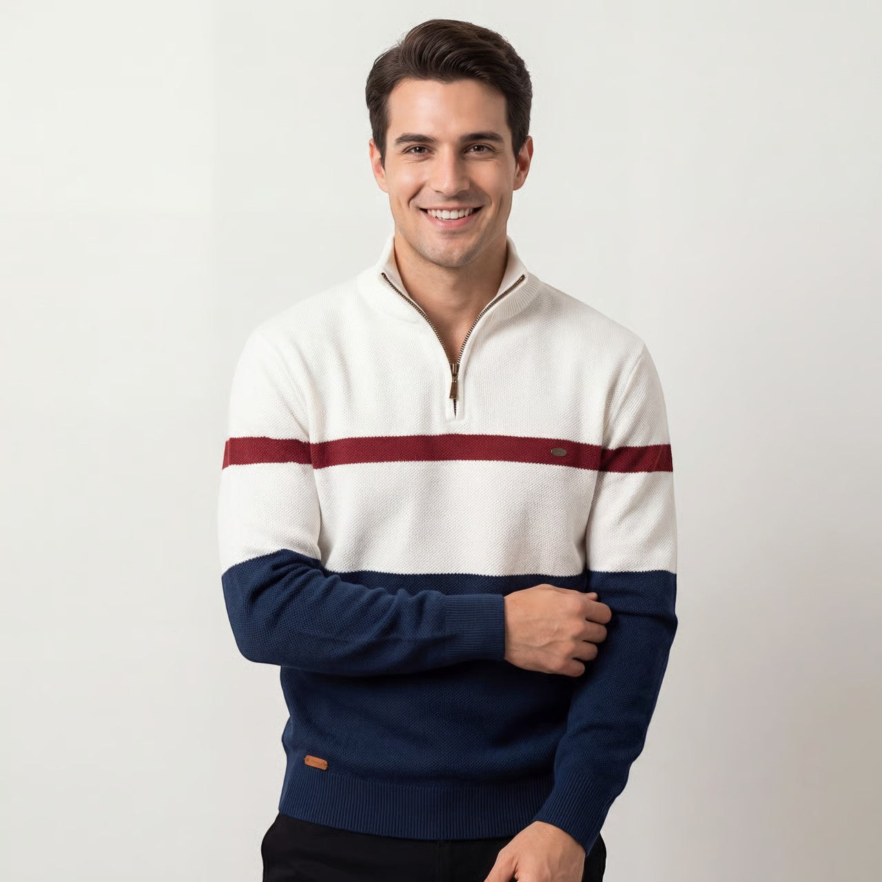 Riche | Pull en Maille Coton Color Block à Demi-Zip pour Homme