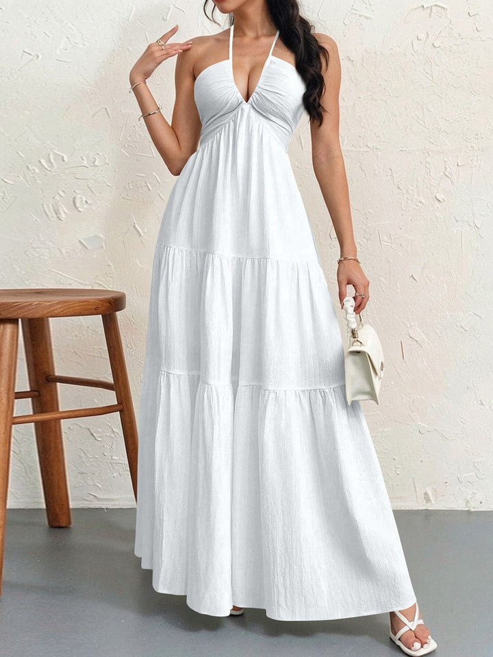 Langes Damenkleid mit rückenfreiem Ausschnitt – leicht plissiert, A-Linien-Schnitt, V-Ausschnitt
