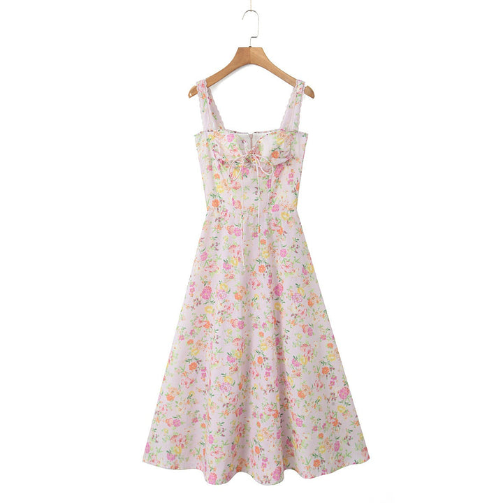 Blumiges Midi-Kleid für Damen im A-Linien-Schnitt aus Baumwolle – eng anliegendes Oberteil, fließender, leichter Rock