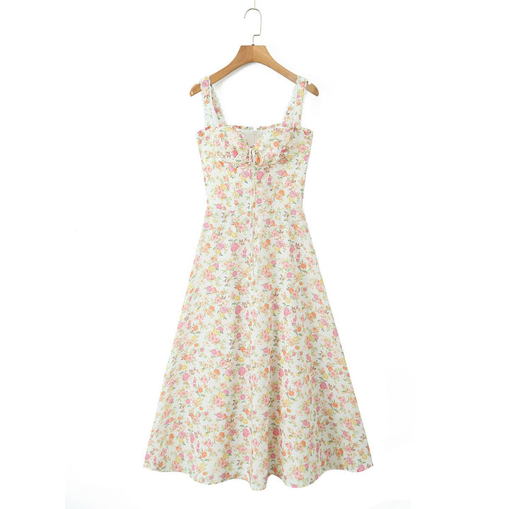 Blumiges Midi-Kleid für Damen im A-Linien-Schnitt aus Baumwolle – eng anliegendes Oberteil, fließender, leichter Rock