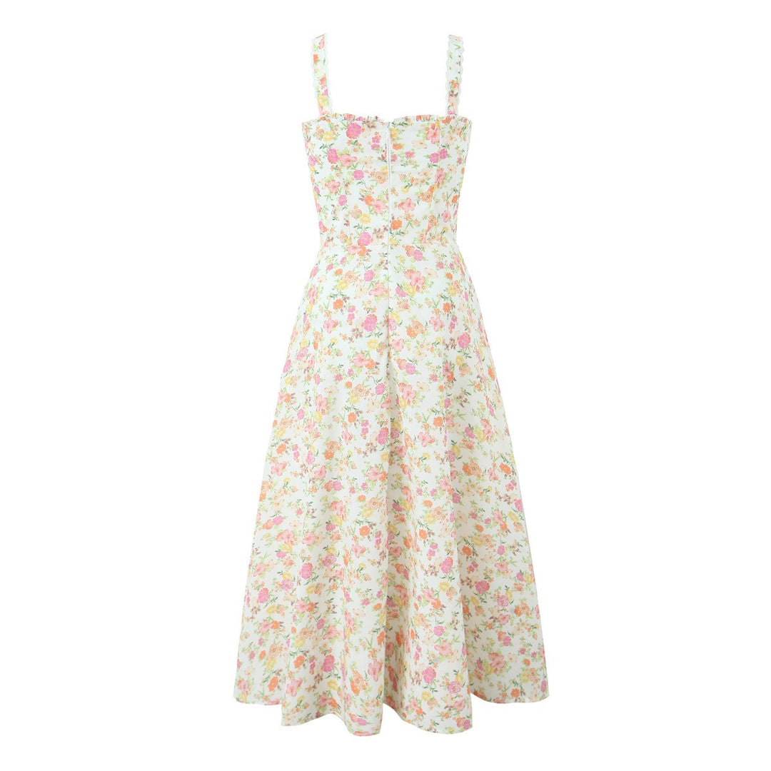 Blumiges Midi-Kleid für Damen im A-Linien-Schnitt aus Baumwolle – eng anliegendes Oberteil, fließender, leichter Rock
