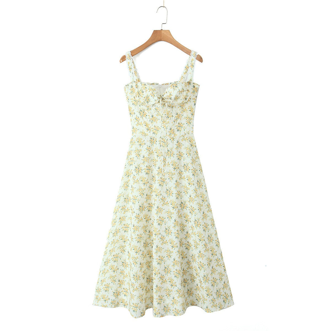 Blumiges Midi-Kleid für Damen im A-Linien-Schnitt aus Baumwolle – eng anliegendes Oberteil, fließender, leichter Rock