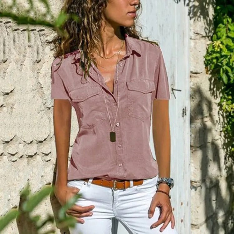 Chemisier Femme Décontracté Boutonné – Col à Revers Manches Courtes