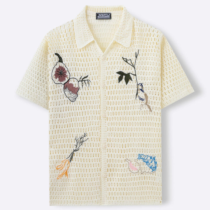 Men's Embroidered Knit Shirt – Openwork Knit with Short Sleeves