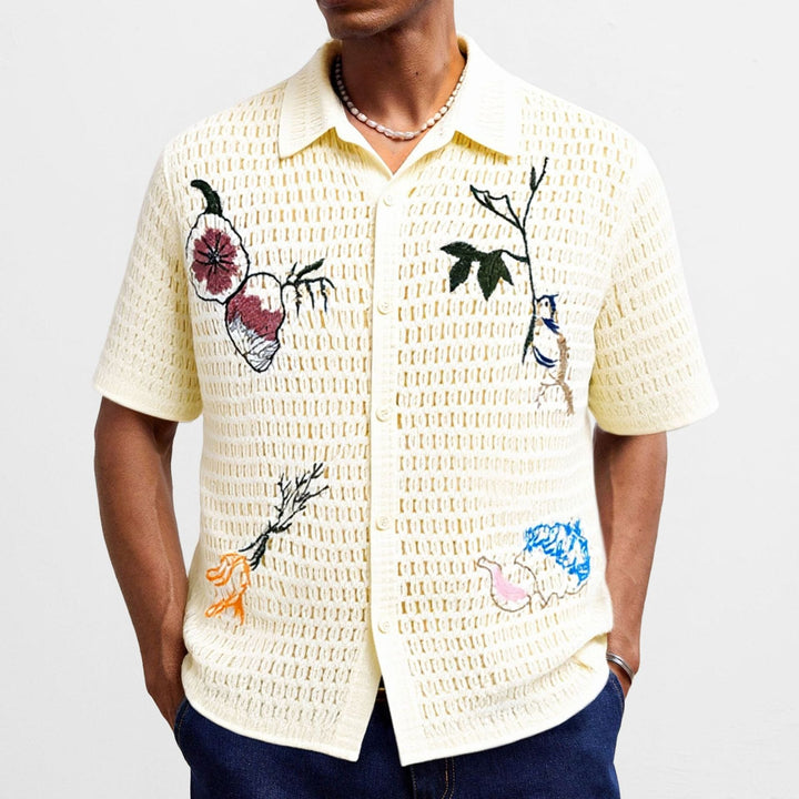 Men's Embroidered Knit Shirt – Openwork Knit with Short Sleeves