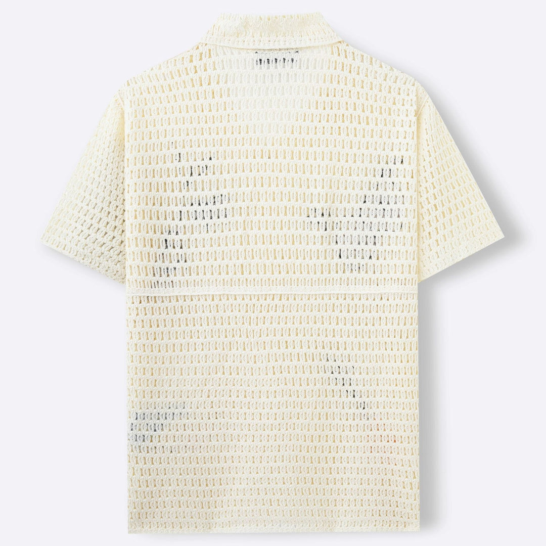 Men's Embroidered Knit Shirt – Openwork Knit with Short Sleeves