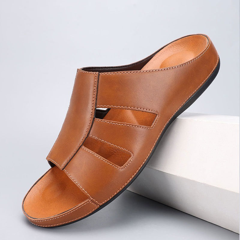 Claquettes Homme Ouvertes en Cuir – Coupe Casual Confort Rembourrée