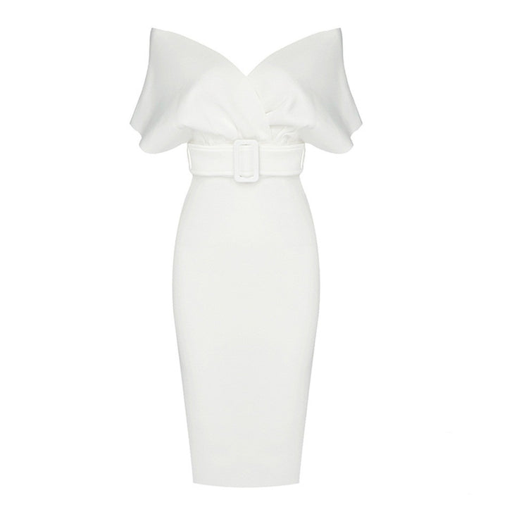 Robe Midi Femme Épaules Dénudées – Ceinturée Coupe Bodycon Structurée