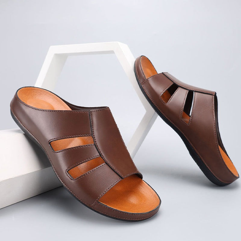 Claquettes Homme Ouvertes en Cuir – Coupe Casual Confort Rembourrée