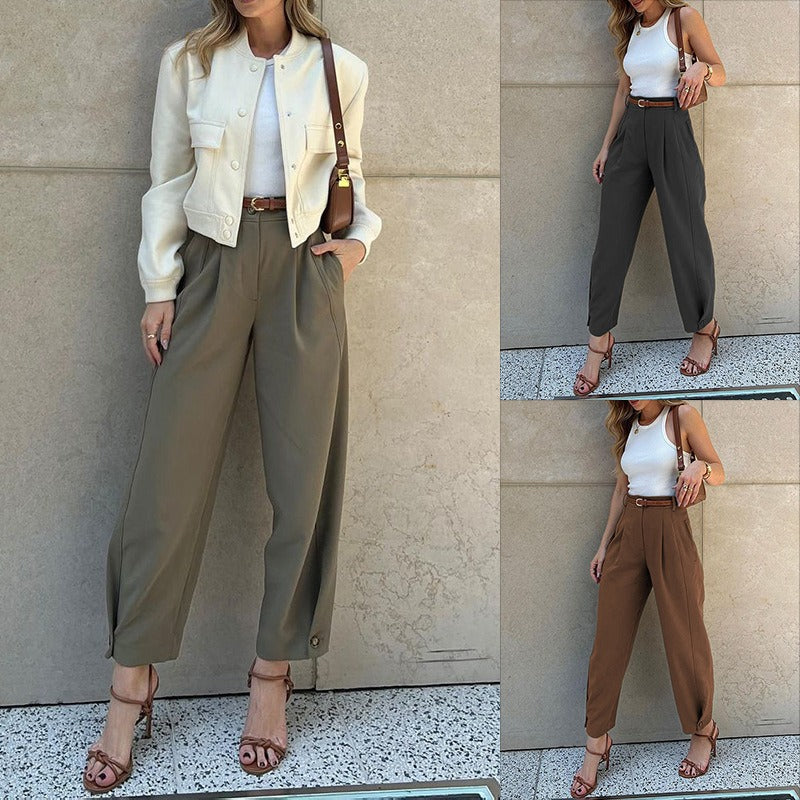 Pantalon Femme Taille Haute Fuselé – Coupe Décontractée Tailleur Croppée