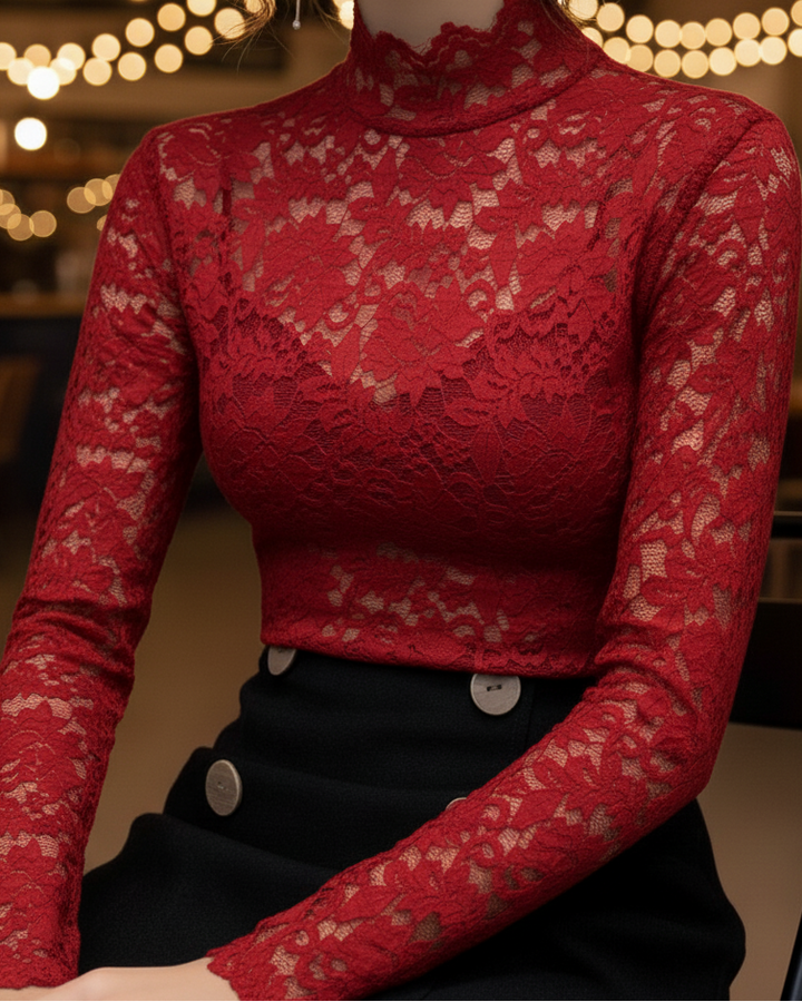 Blouse Femme en Dentelle à Col Montant – Élégance Ajustée à Manches Longues