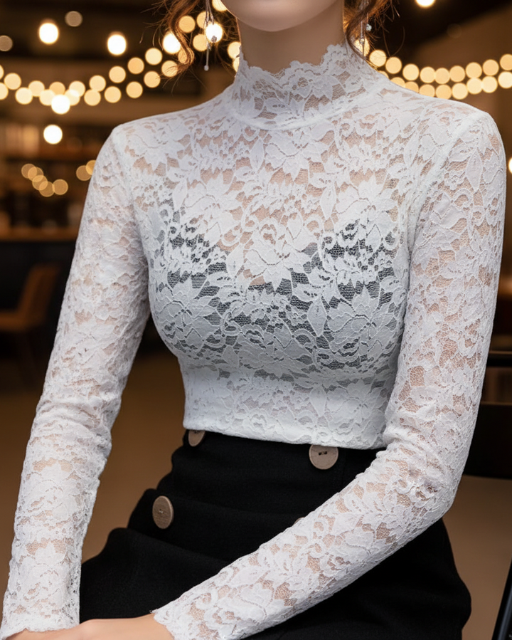 Blouse Femme en Dentelle à Col Montant – Élégance Ajustée à Manches Longues
