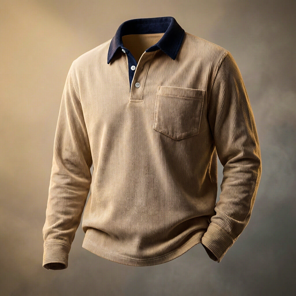 Polo Homme en Velours Côtelé à Manches Longues – Coupe Smart-Casual Décontractée