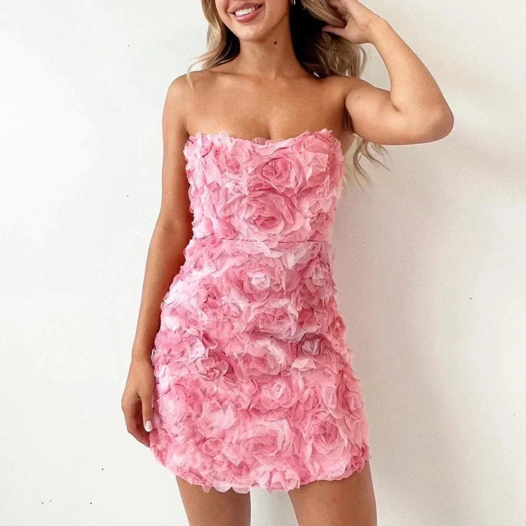 Robe Mini Femme Fleurie Bustier – Texture Appliquée Coupe Bodycon
