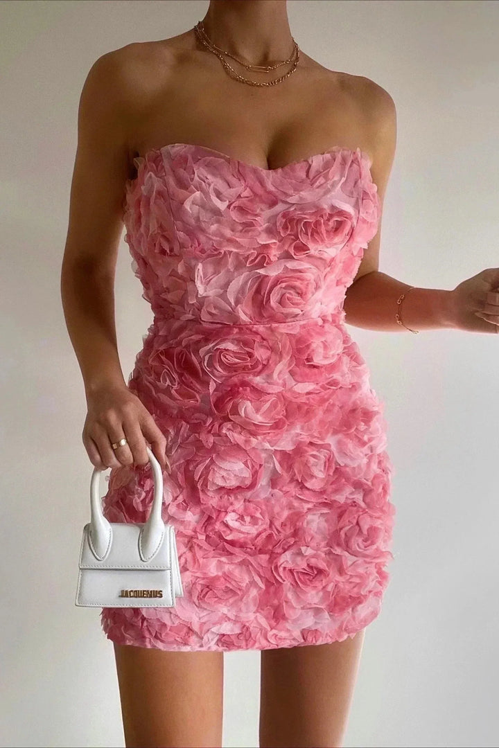 Robe Mini Femme Fleurie Bustier – Texture Appliquée Coupe Bodycon
