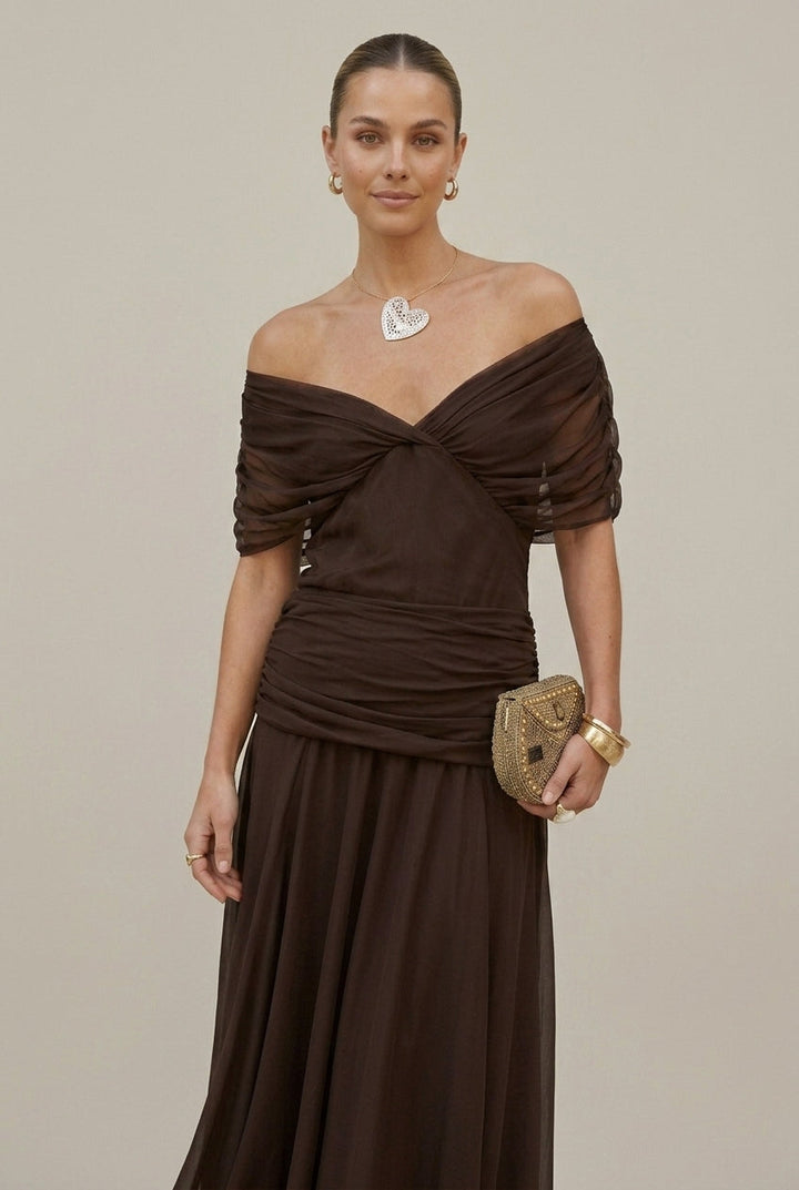 Maxikleid aus Chiffon für Damen – schulterfrei, geraffter Bund, fließender Schnitt