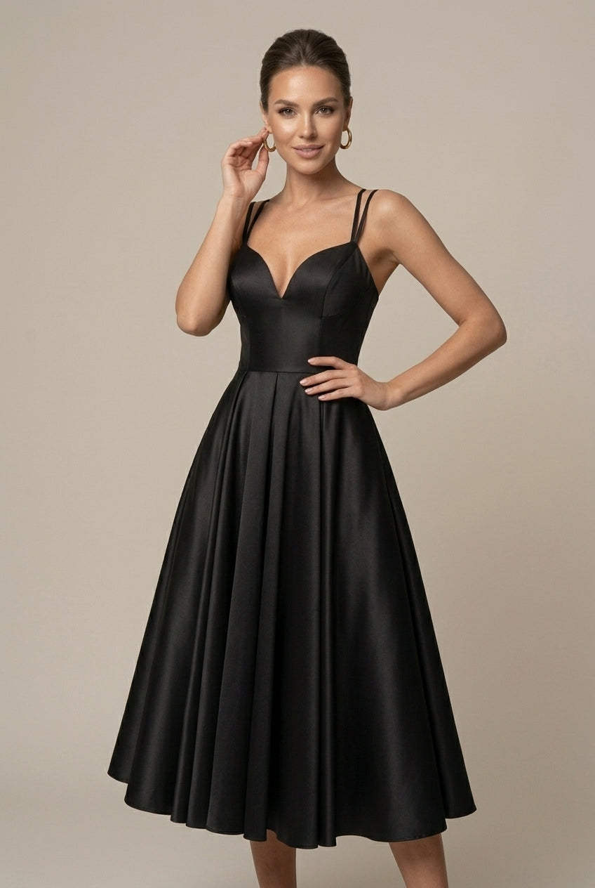 Damen-Midi-Kleid im A-Linien-Schnitt – V-Ausschnitt, doppelte Träger, ausgestellter Rock