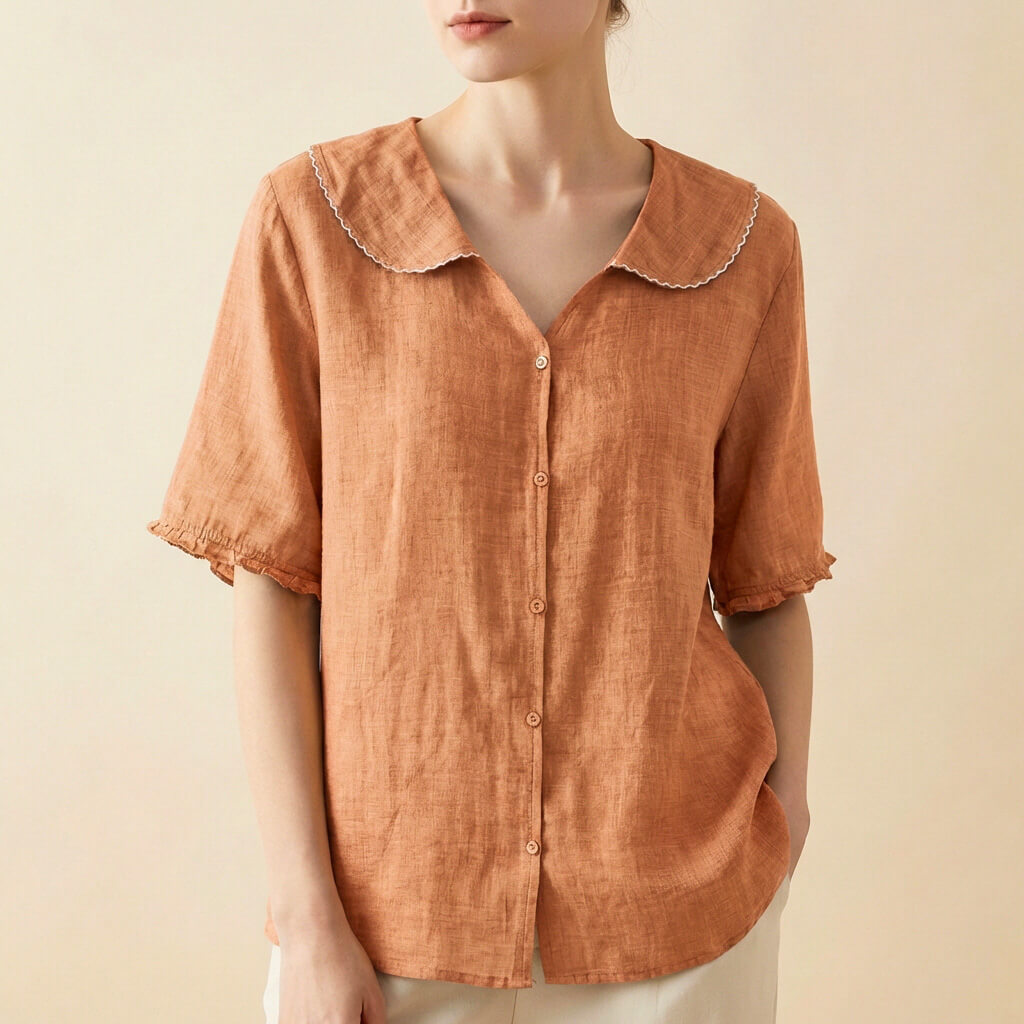 Blouse Boutonnée en Lin pour Femme – Col Claudine Coupe Décontractée